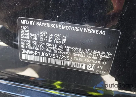 2021 BMW 330I из США, поврежденный, VIN 3MW5R1J0XM8B72352